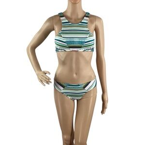 Splendid Lace-Up Back Stripe Bikini Set Green Blue Small